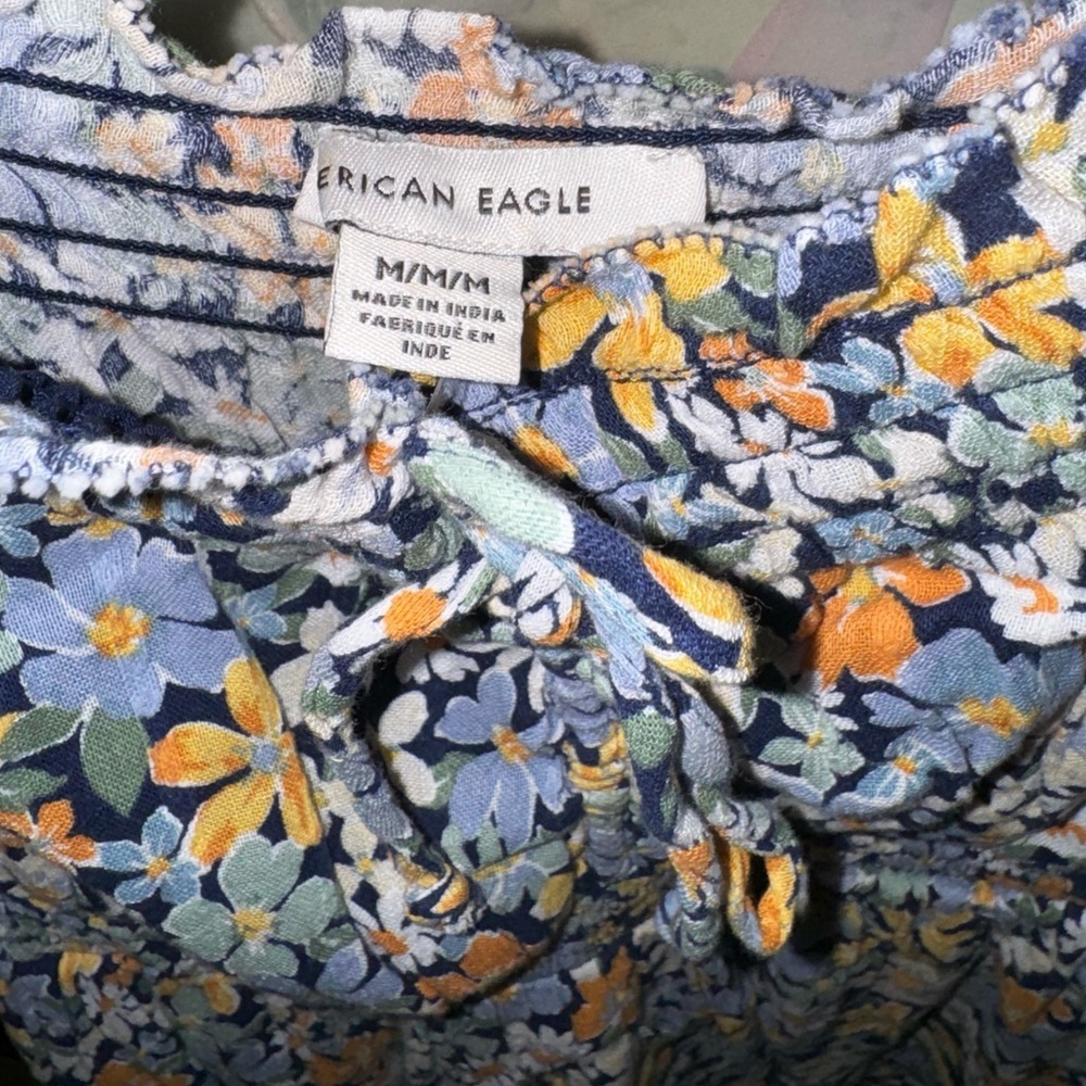 AEO Blue Yellow Floral Smocked Prairie Off the Shoulder Long Sleeve Mini Dress M - Picture 4 of 5
